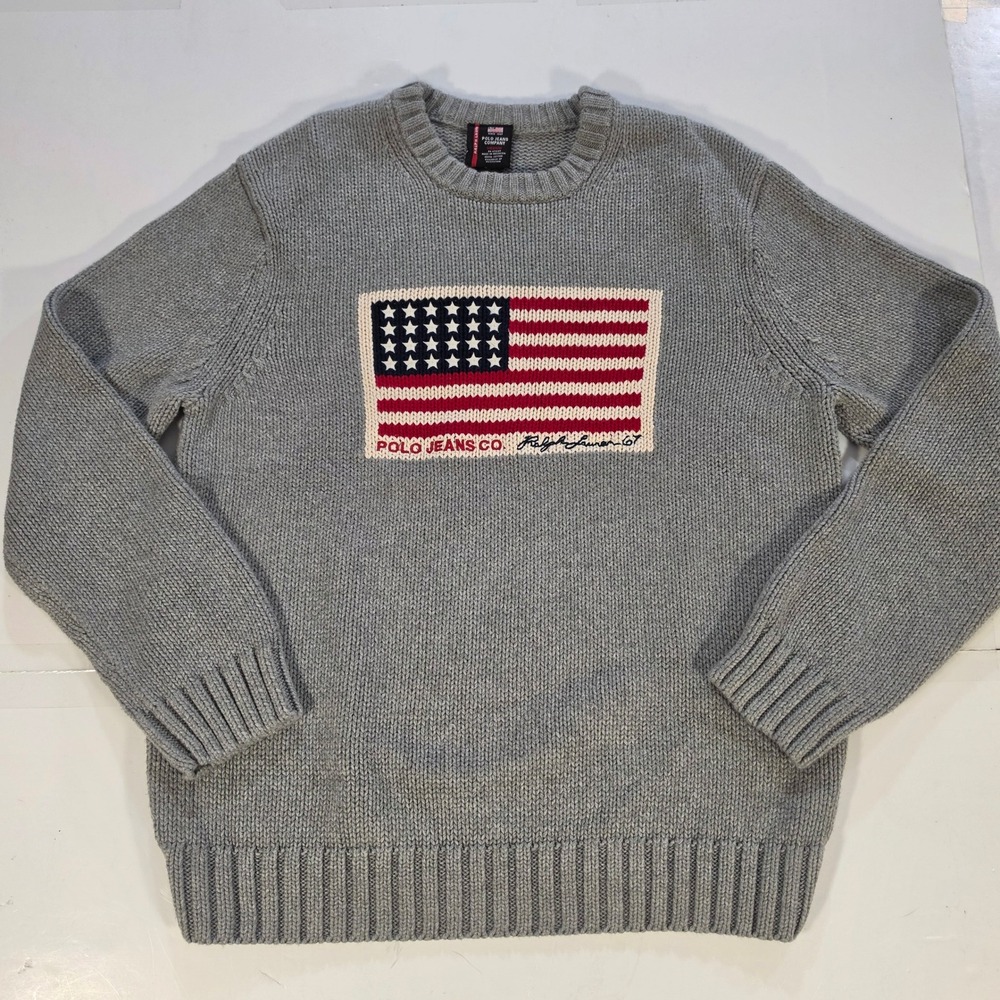 Polo Jeans Co Ralph Lauren American Flag Knit Sweater Gray Mens Medium Vtg Y2K